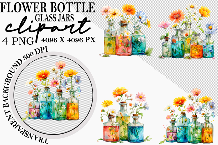 Whimsical Flower Bottle Glass Jars Clipart Png