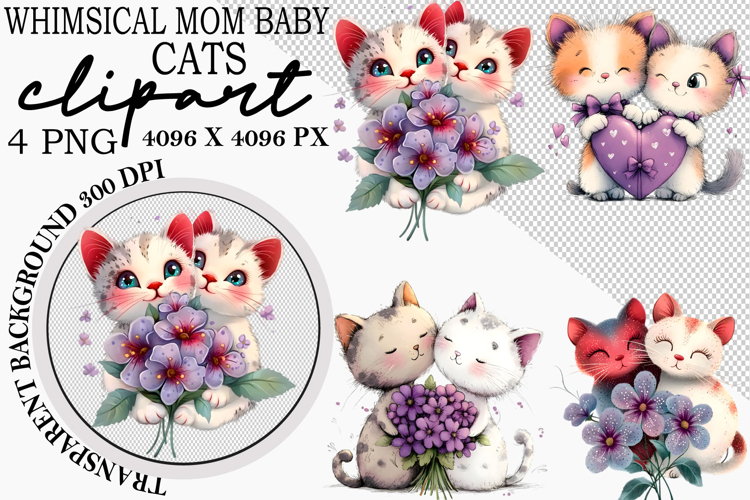 Whimsical Mom Baby Cats Clipart Watercolor Mom Baby Cats