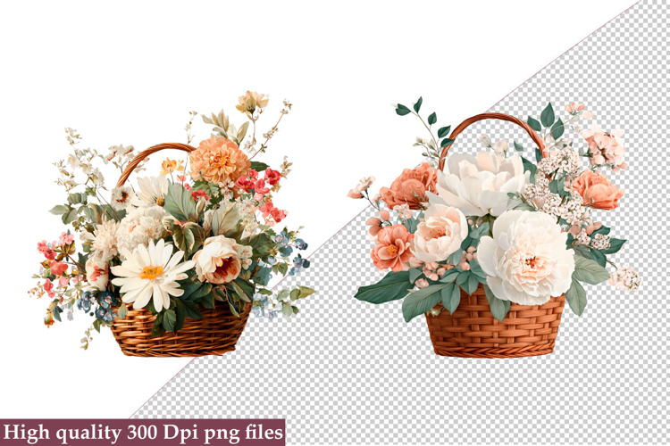 Watercolor Flower Basket Clipart, Flower Basket PNG