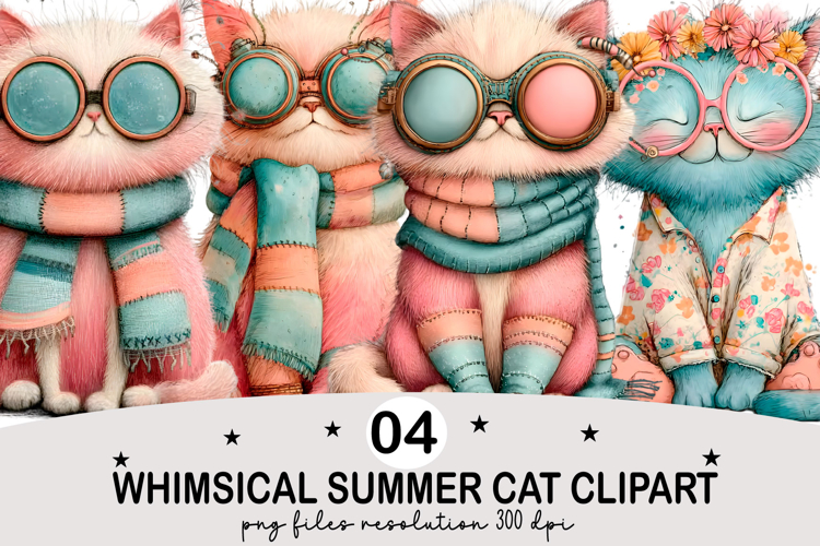 Whimsical Summer Cat Clipart Watercolor png