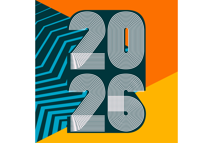Cover with vertical 2026 number on geometric background