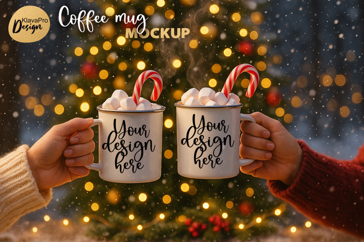 Two Christmas Mug Mockup | Double Enamel Cup | JPG PNG