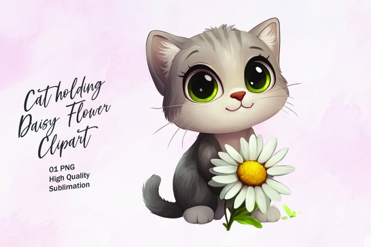 Cat holding daisy flower watercolor clipart