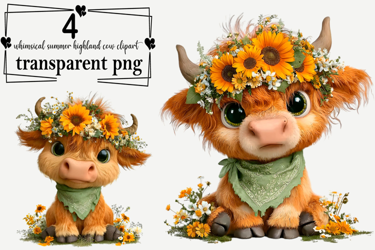 Whimsical Summer Highland Cow Clipart Watercolor PNG example image 1