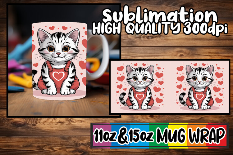 Heartfelt dreams sublimation mug wrap, Valentines Cat example image 1
