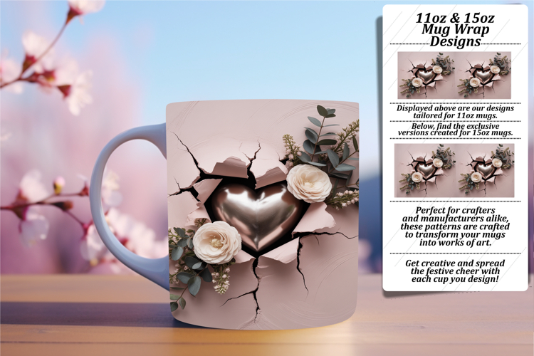 Creative 11oz Mug Wrap Png Artwork , 3D Heart