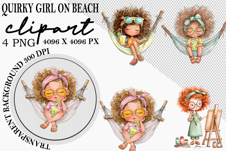 Whimsical Quirky Girl on Beach PNG Clipart Watercolor png