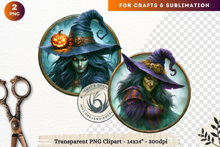 Dark Fantasy Halloween Witches Medallion Clipart sublimation