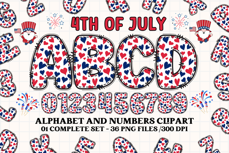 4th July Alphabet png clipart, independence letters doodle