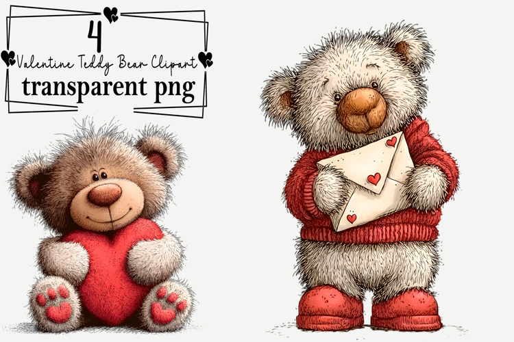 Whimsical Valentine Teddy Bear Clipart Watercolor PNG example image 1