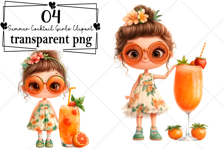 Whimsical Summer Cocktail Girls Clipart Watercolor PNG