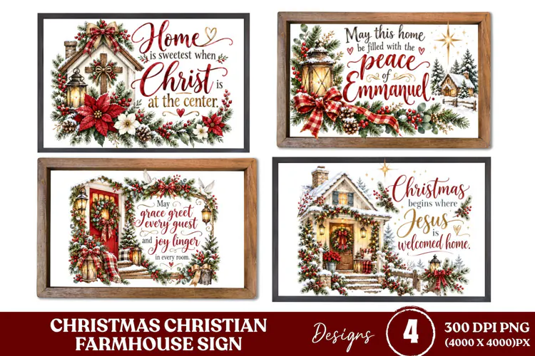 4 Christian Christmas Farmhouse Sign PNGs, 4 Rustic Christma