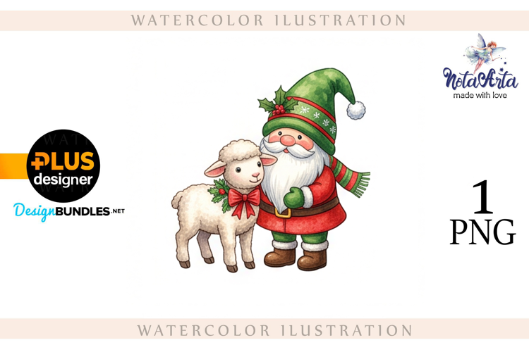 Christmas Gnome Santa with a Sheep in Watercolor Style
