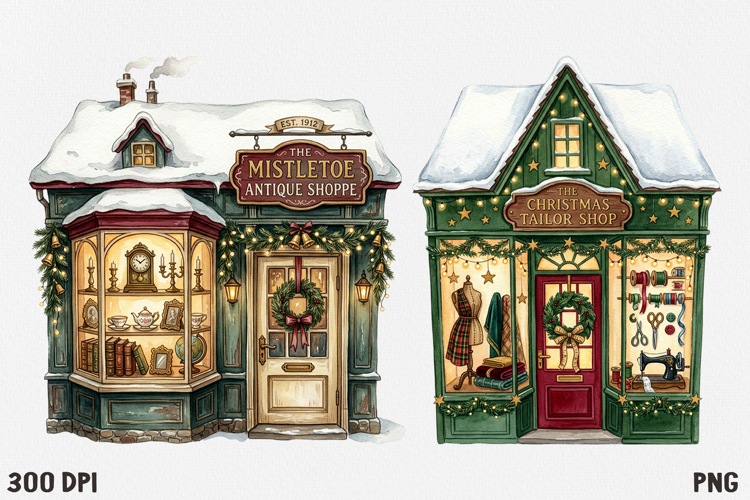 Christmas Village Watercolor Clipart PNG, Whimsical Holiday