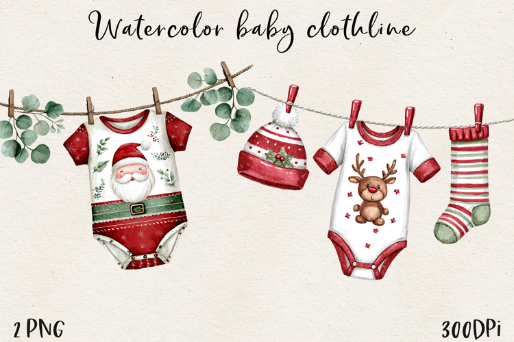Watercolor Christmas Baby Clothesline Clipart PNG