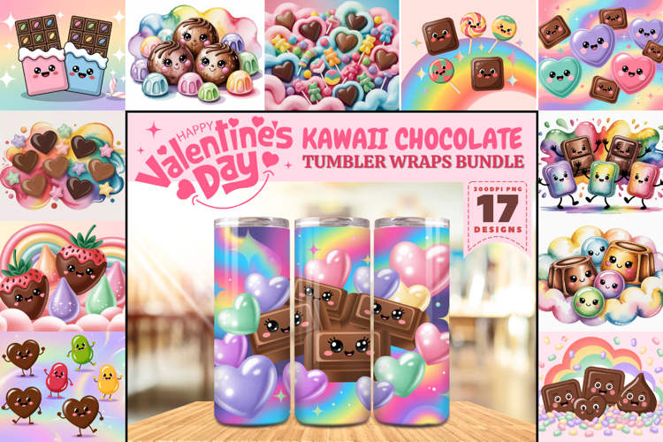 Valentine’s Day Kawaii Chocolate Tumbler Wrap PNG Big Bundle