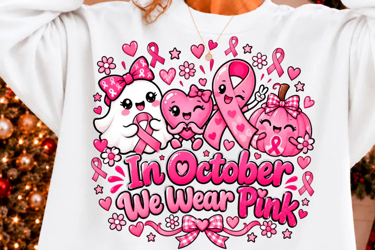 In October We Wear Pink Cute Awareness PNG New Year T-shi