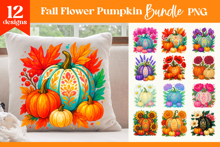 Fall Flower Pumpkin Bundle | Autumn Sublimation PNG