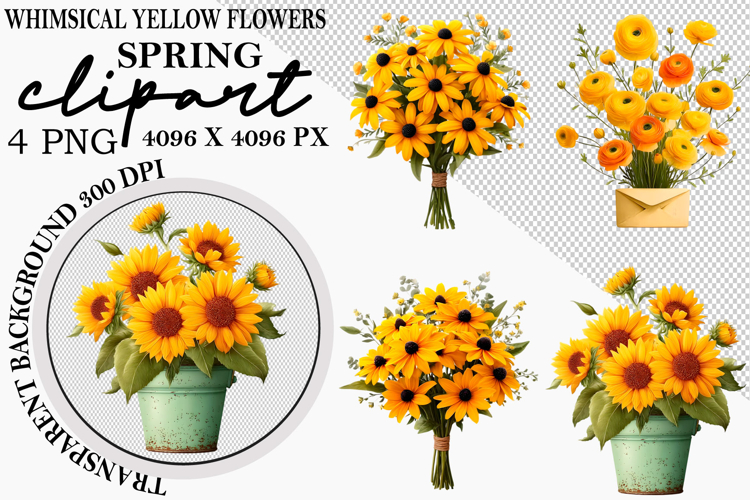 Whimsical Yellow Flowers Spring Clipart PNG