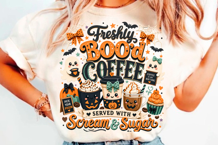 Halloween boo coffee design with cute ghost cups and spooky