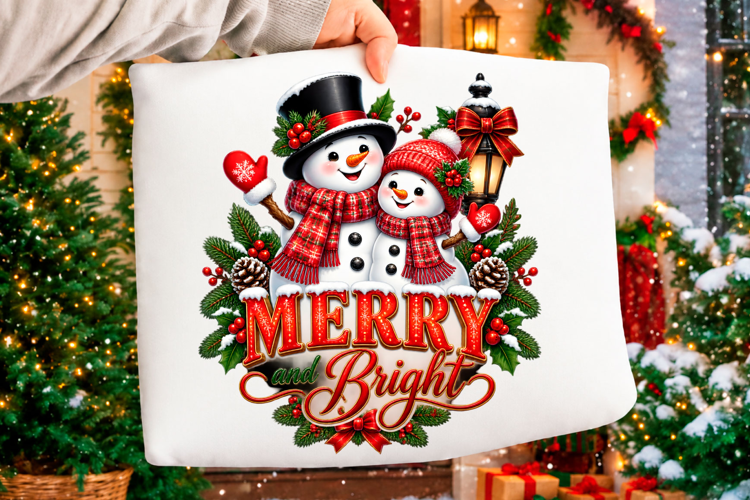 Merry and bright snowman Christmas holiday typography design
