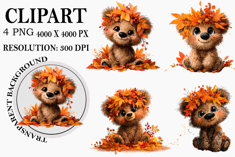 Whimsical Teddy Bear Fall Clipart Watercolor PNG