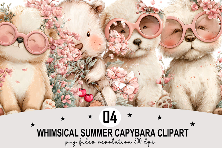 Whimsical Summer Capybara Clipart Watercolor PNG