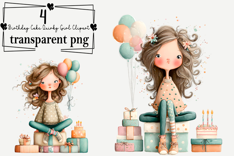 Birthday Cake Quirky Girl Clipart Watercolor PNG