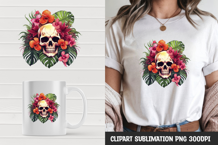 Watercolor floral skull sublimation clipart png