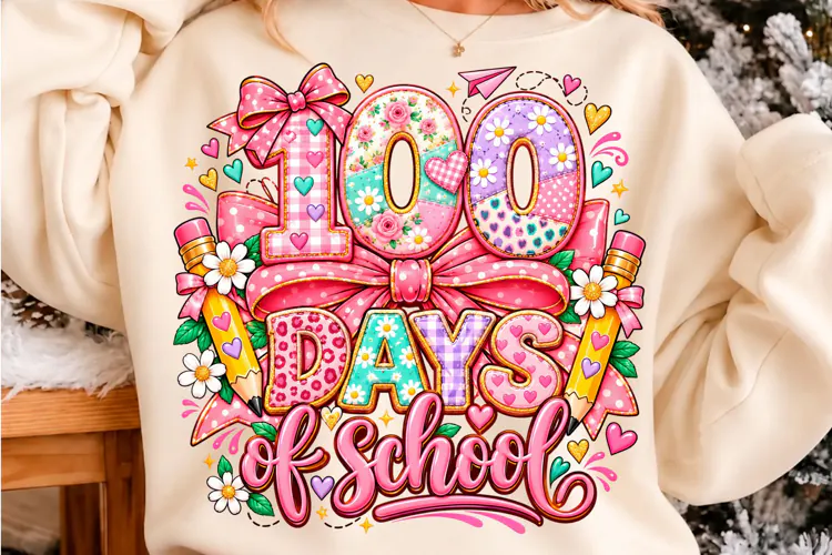 100 Days of School Pastel Patchwork Bow PNG