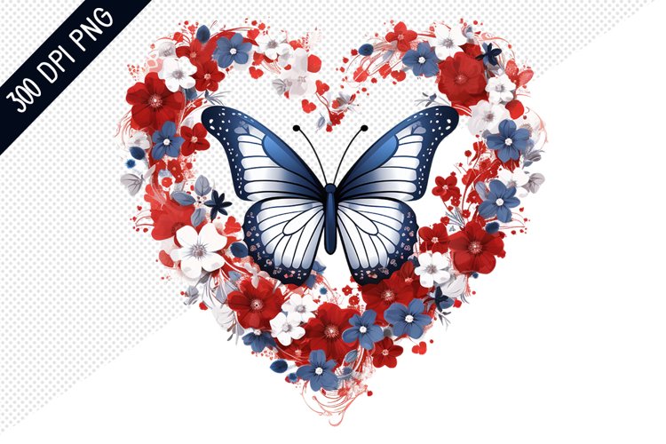 Butterfly And Floral Heart - 4Th Of July Sublimation Design