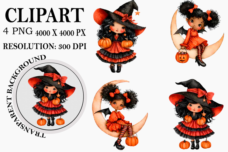 Whimsical Halloween Girl Clipart Watercolor PNG