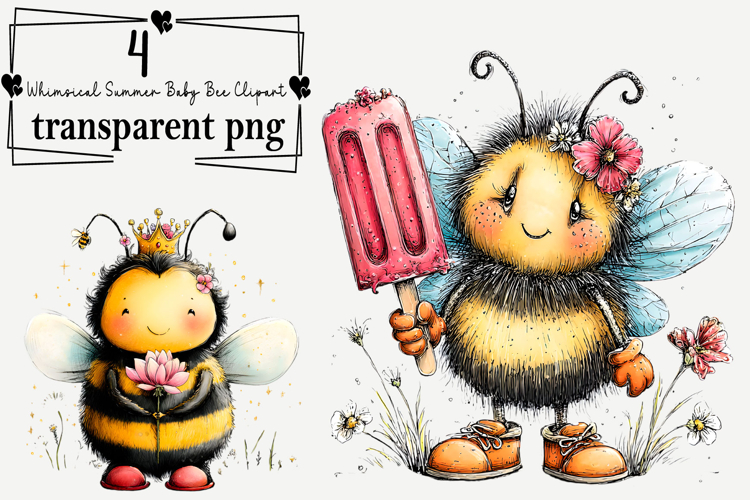 Whimsical Summer Baby Bee Clipart Watercolor PNG example image 1