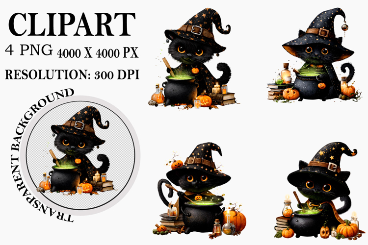 Halloween Black Cat Clipart Watercolor PNG