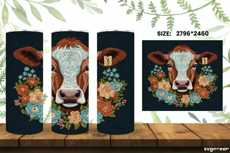 Embroidery Cow Tumbler Wrap | Skinny 20 oz| Sublimation