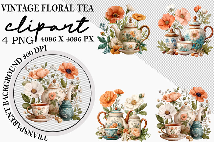 Whimsical Vintage Floral Tea Set Clipart Png