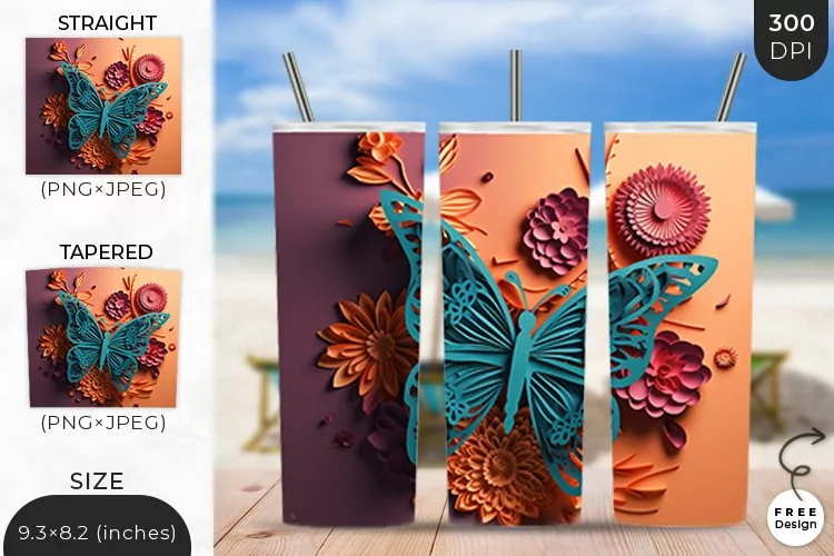 3D Butterfly Tumbler Wrap| 3D Sublimation Wrap Design
