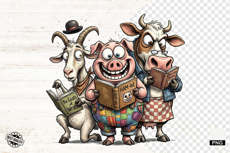 Whimsical Farm Animals Love Reading - Animals Clipart