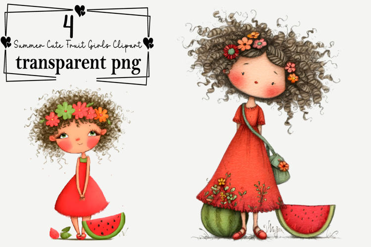 Summer Cute Fruit Girls Clipart Watercolor PNG