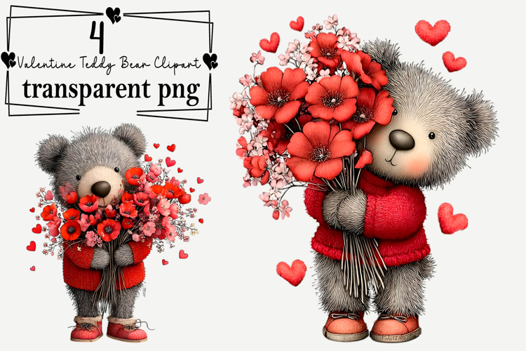 Valentine Teddy Bear Clipart Watercolor PNG example image 1