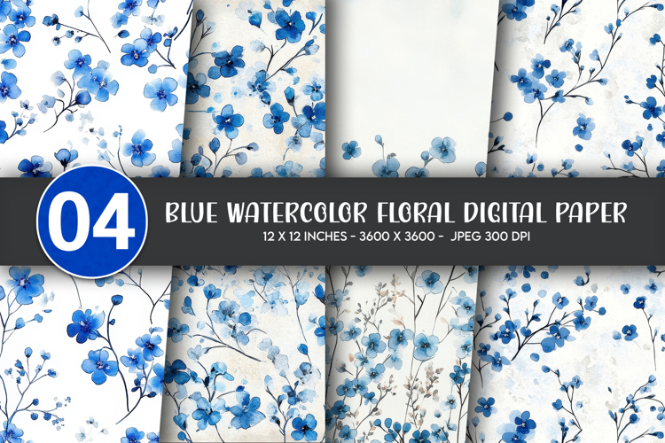 Blue Watercolor Floral Digital Paper