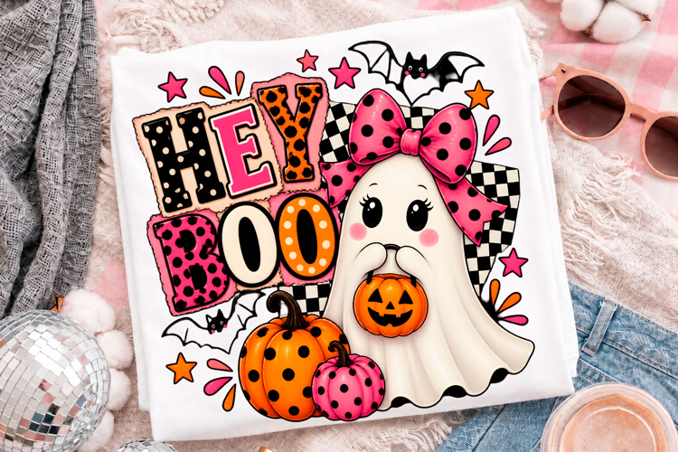 Hey Boo Halloween Cute Ghost Pumpkin T-Shirt Design