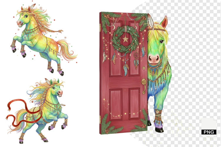 Boho Watercolor Christmas Horse Clipart