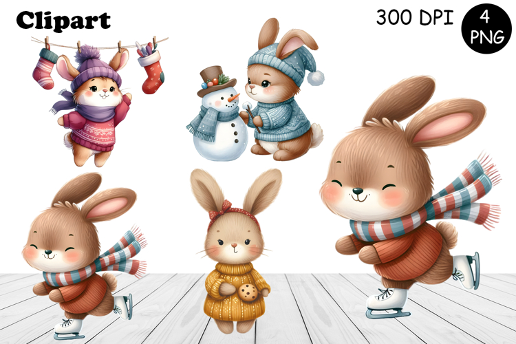 Christmas bunny animals winter Watercolor Clipart