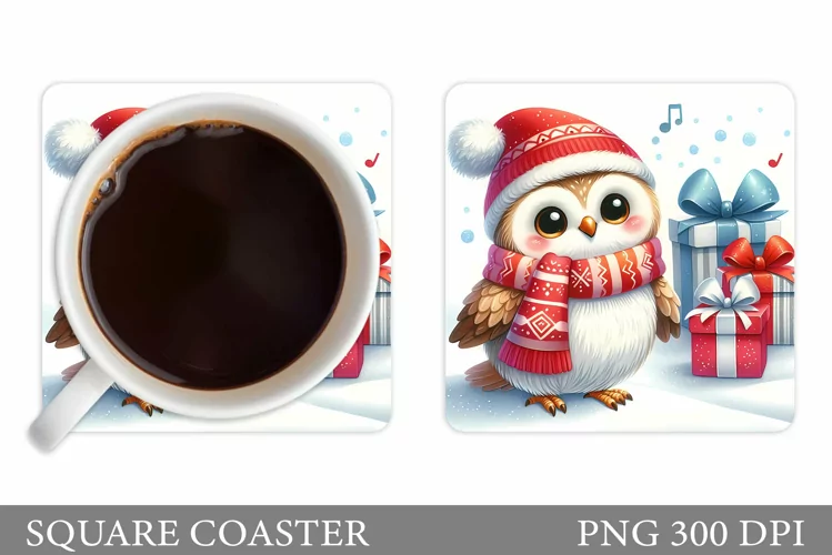 Cute Owl Coaster Design. Christmas Owl Sublimation