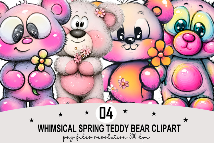 Whimsical Spring Teddy Bear Clipart Watercolor PNG
