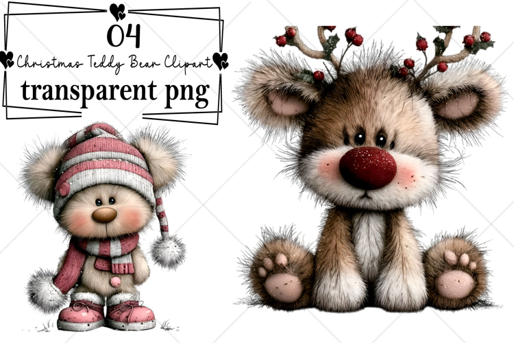 Whimsical Christmas Teddy Bear Clipart Watercolor PNG