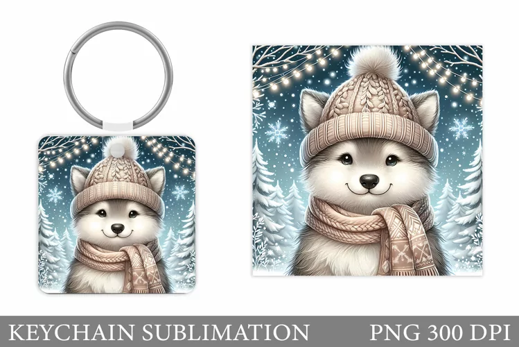 Christmas Wolf Keychain. Christmas Keychain Sublimation