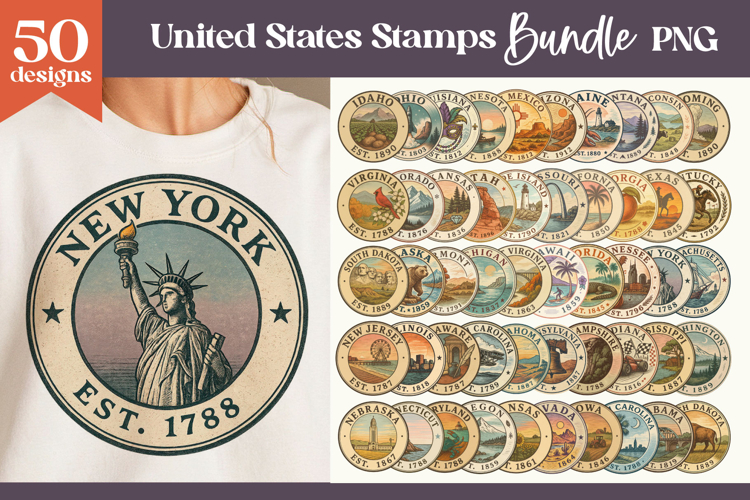 Us States Vintage Stamp PNG | 50 States Bundle
