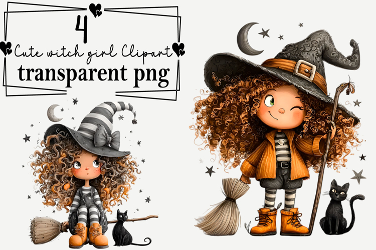 Cute witch girl Clipart Watercolor PNG example image 1